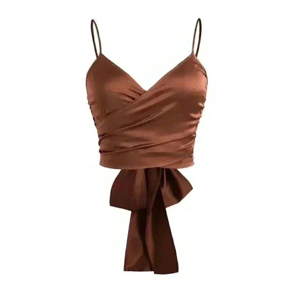 Cider Women's Golden Brown Poly Satin Cross Front Adj Strap Tank Top w Back Bow